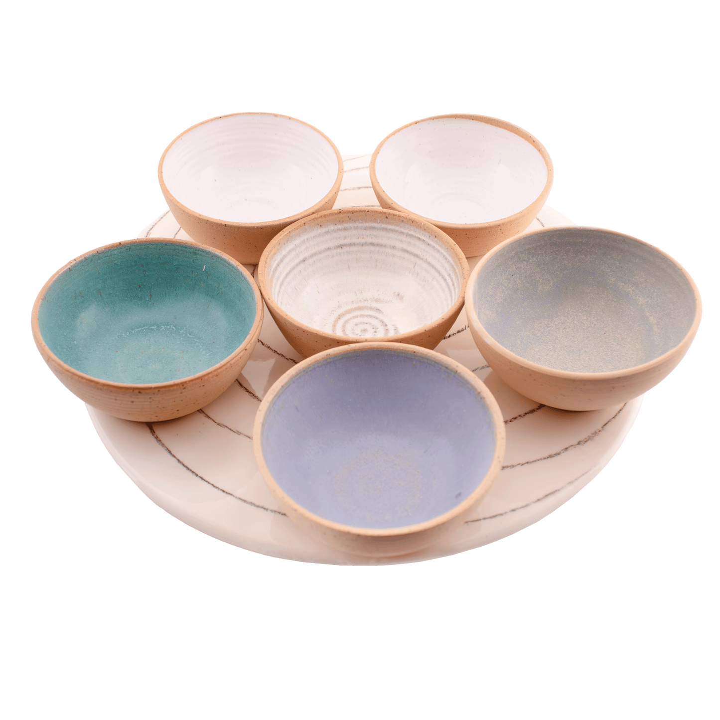 Multicolored ceramic serving set; includes six small bows and a serving tray