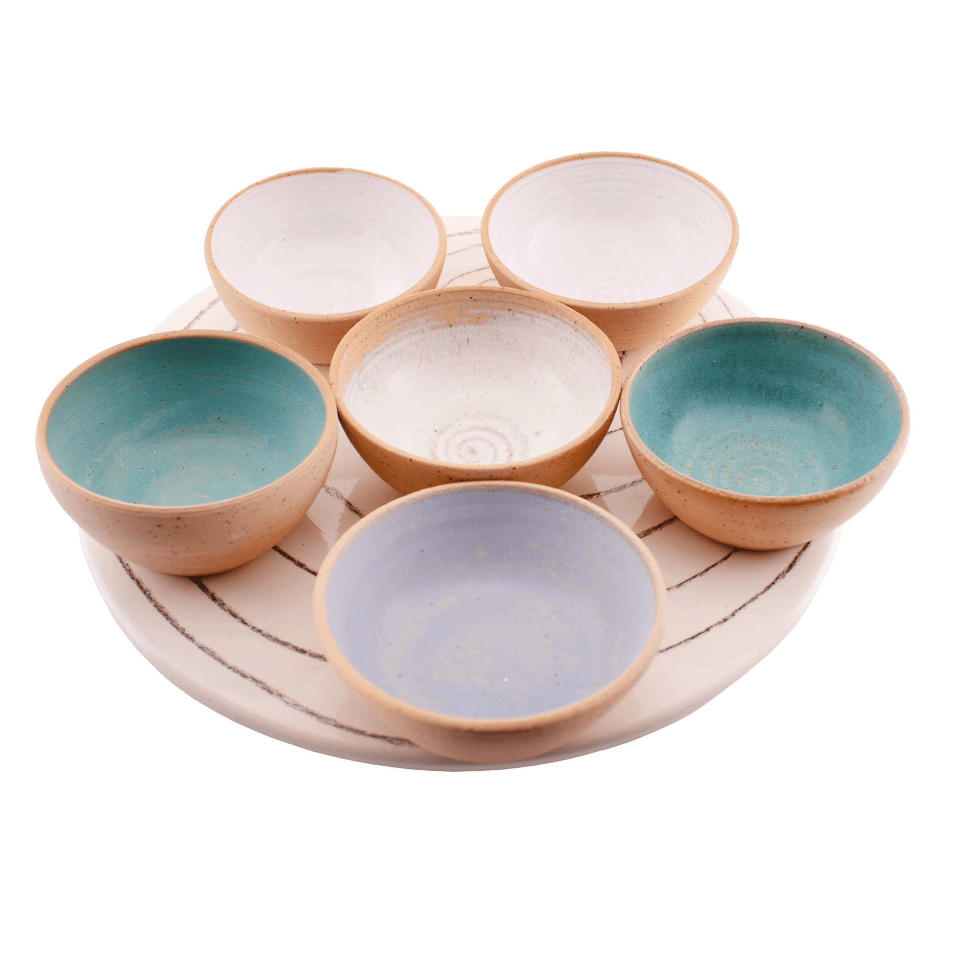 Multicolored ceramic serving set; includes six small bows and a serving tray