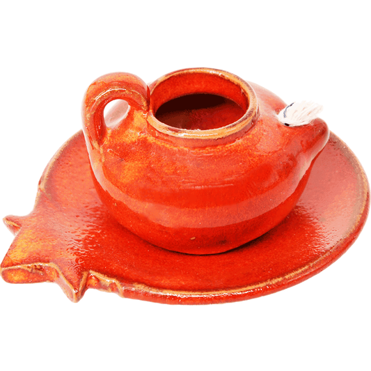 Red Ceramic Oil Lamp and Pomegranate Dish