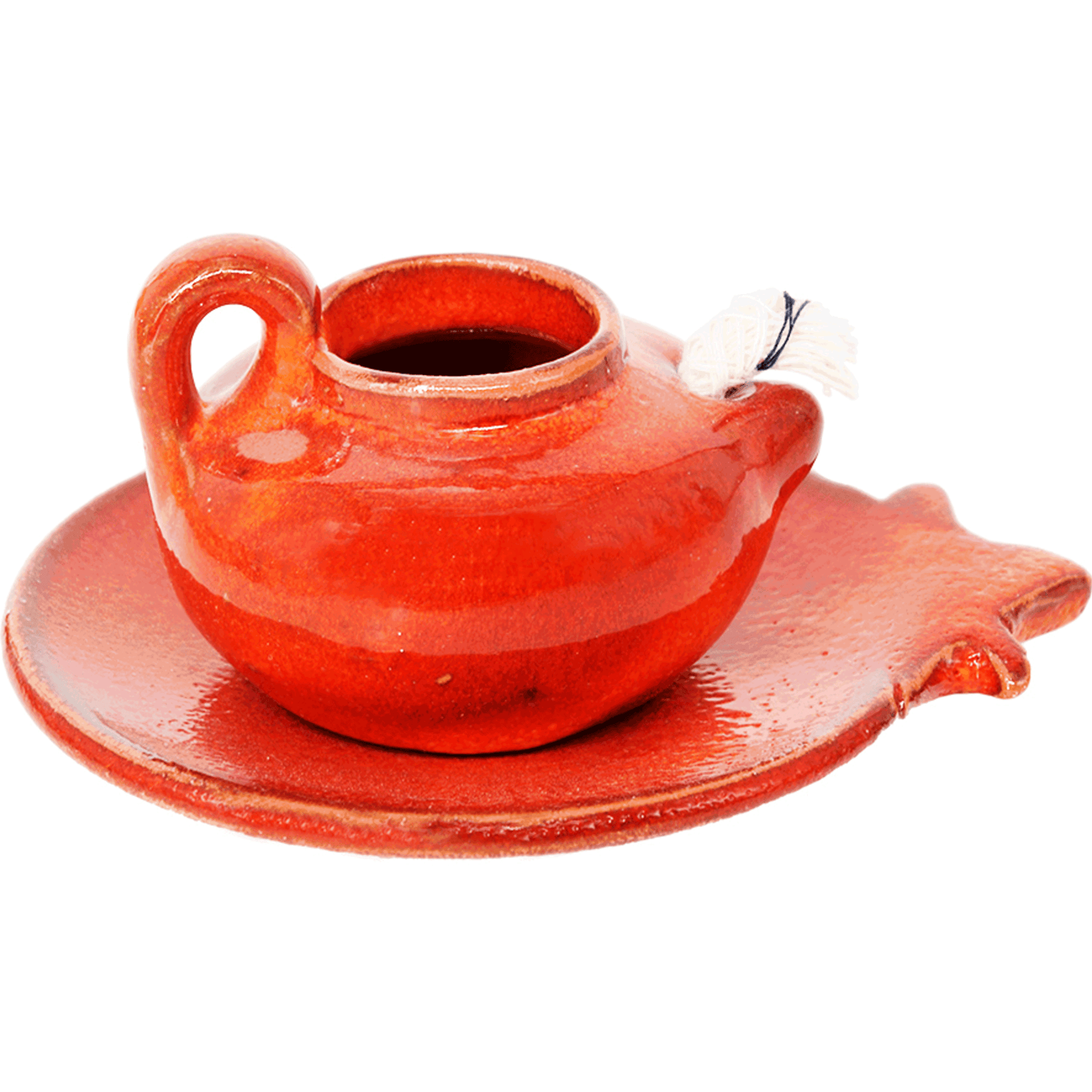 Red Ceramic Oil Lamp and Pomegranate Dish