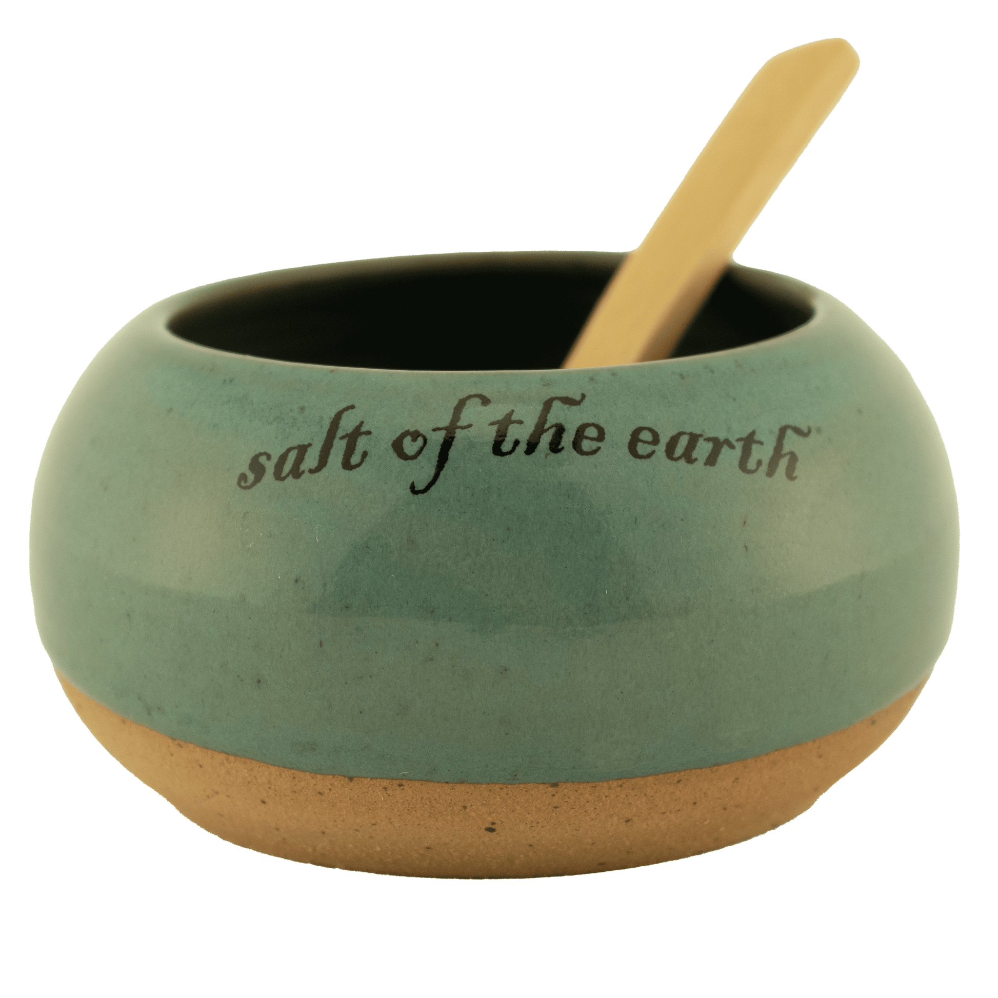 Sage ceramic salt bowl that says "salt of the earth" in English and Hebrew with a wooden spoon