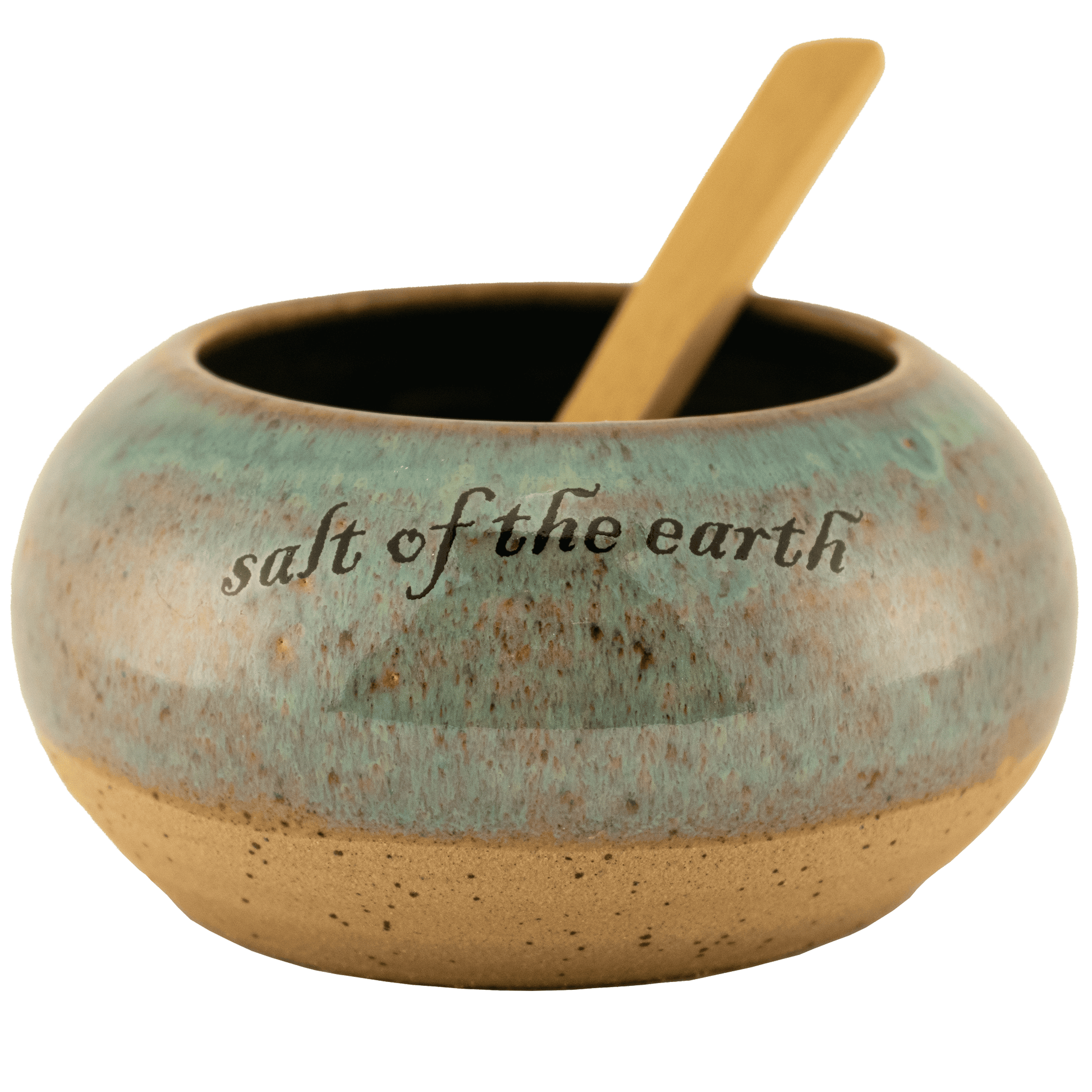 Deep teal ceramic salt bowl that says "salt of the earth" in English and Hebrew with a wooden spoon