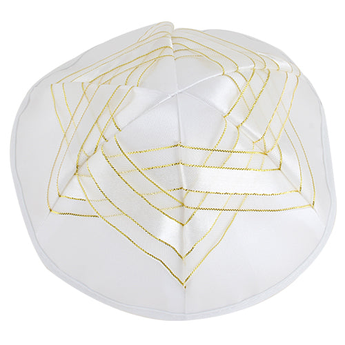 White Satin Kippah with Gold Star of David Design