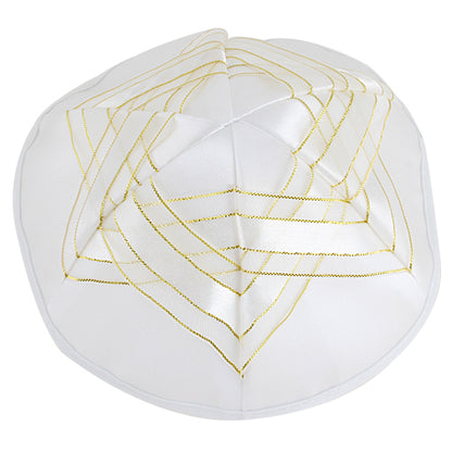 White Satin Kippah with Gold Star of David Design