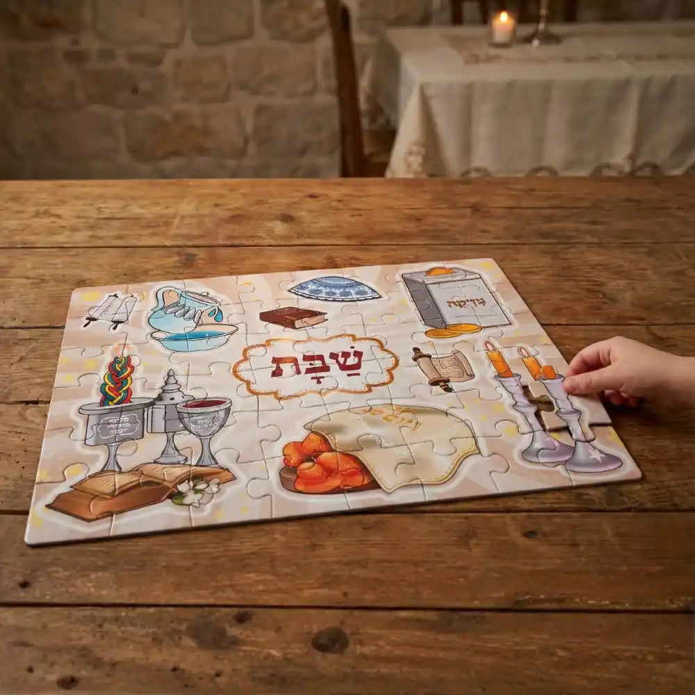 Child assembling Shabbat puzzle on wooden table