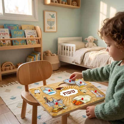 Child playing with Shabbat wooden peg puzzle on table