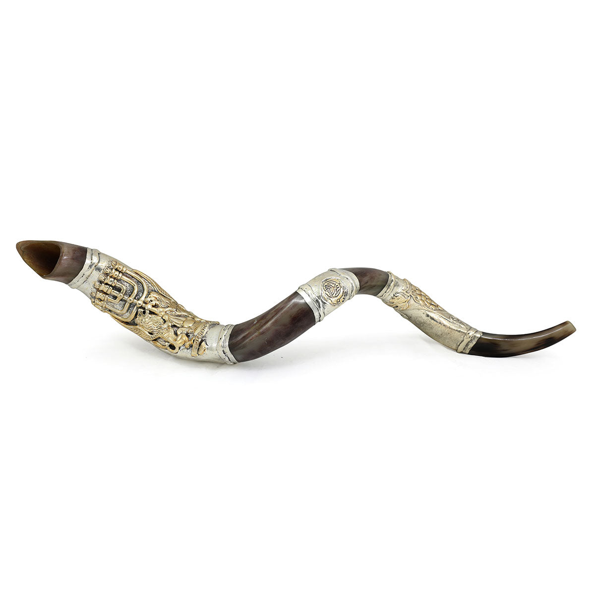 Yemenite Shofar 40" - 42" - Silver Plated Menorah and Lion Design