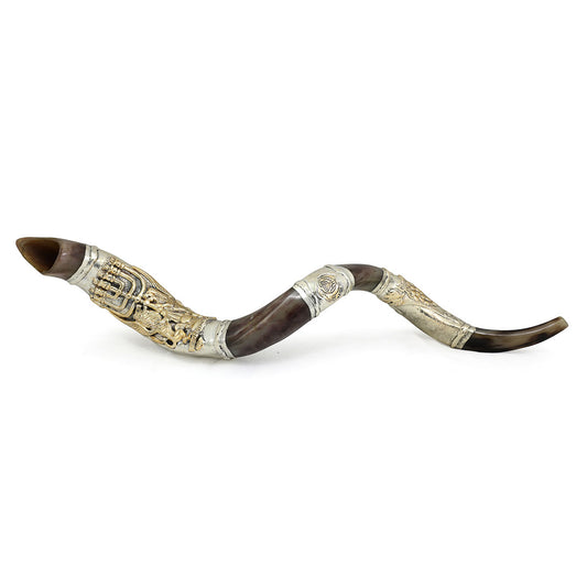 Yemenite Shofar 40" - 42" - Silver Plated Menorah and Lion Design
