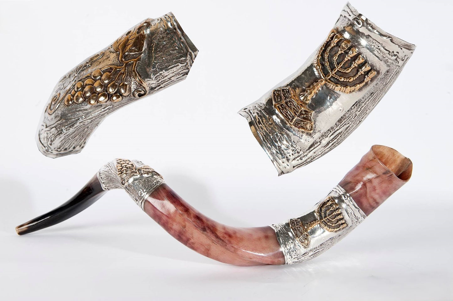 Yemenite Shofar 40" - 42" - Silver Plated Menorah Design