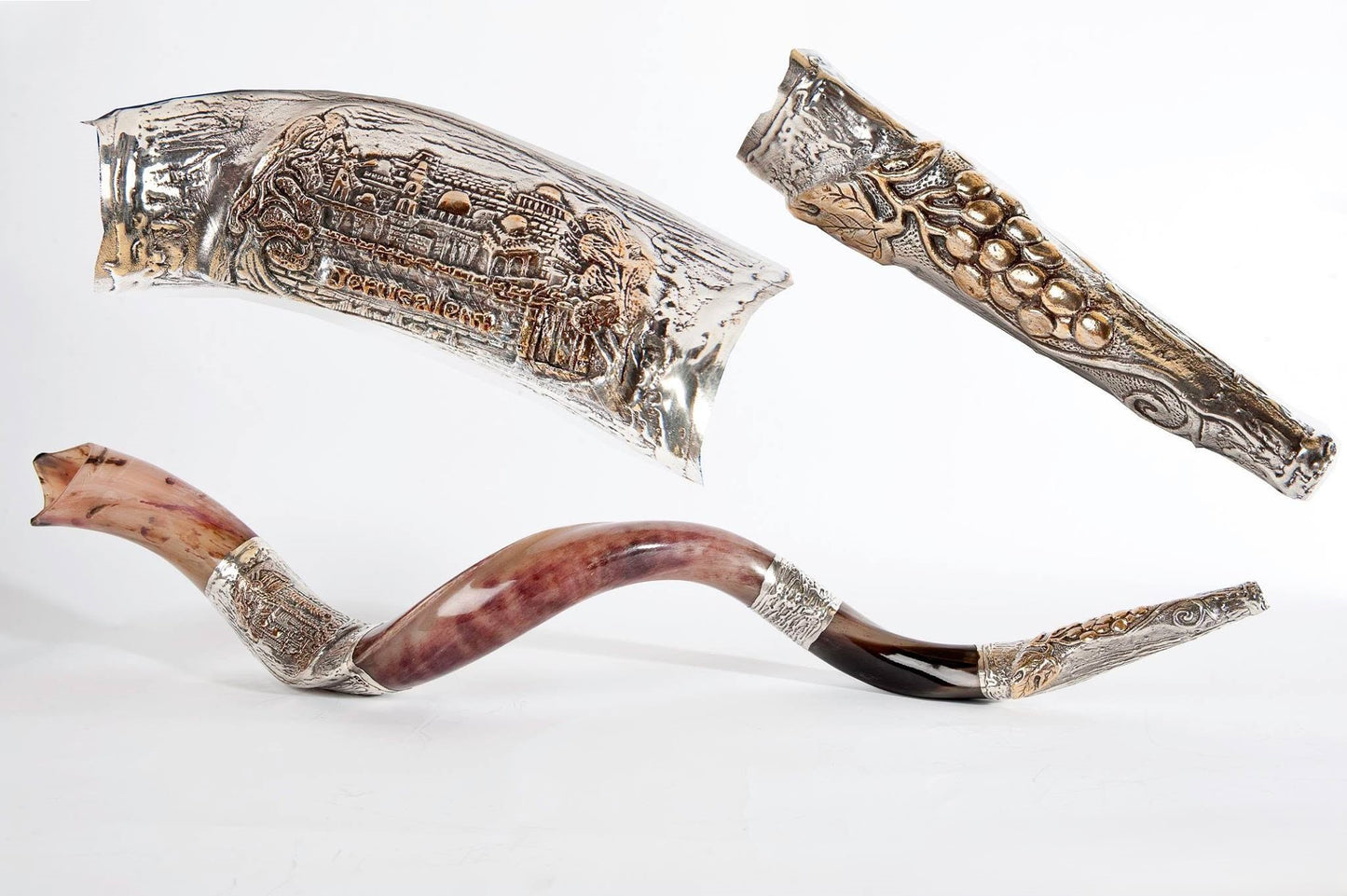 Yemenite Shofar 40" - 42" - Silver Plated Jerusalem and Grapevine Design