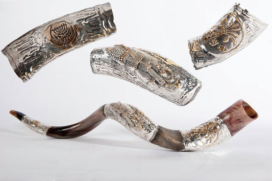 Yemenite Shofar 40" - 42" - Sliver Plated Jerusalem Cityscape