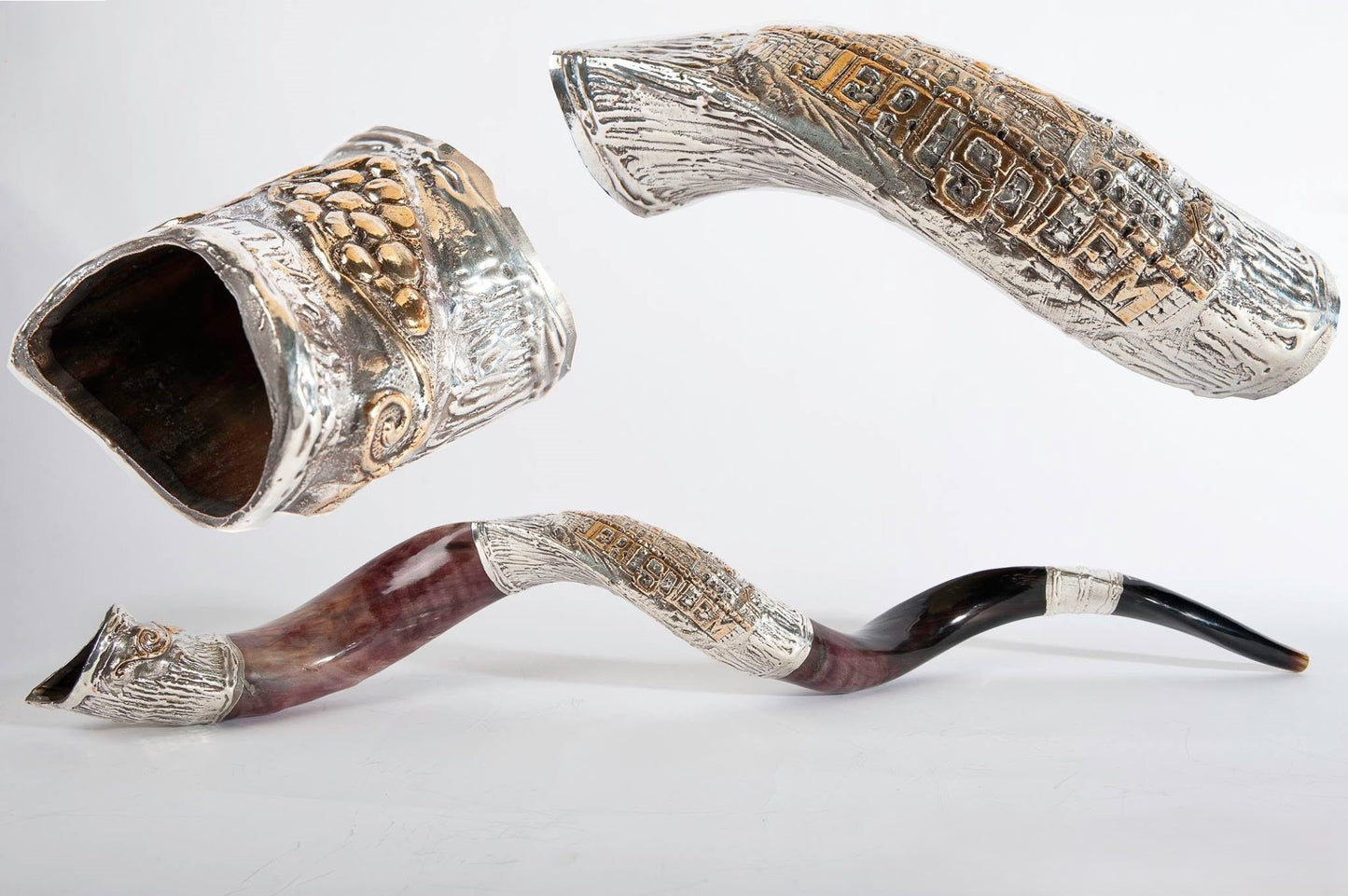Yemenite Shofar 40" - 42" - Sliver Plated Jerusalem City and Grapevine Design