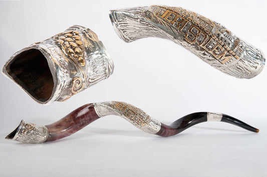 Yemenite Shofar 40" - 42" - Sliver Plated Jerusalem City and Grapevine Design