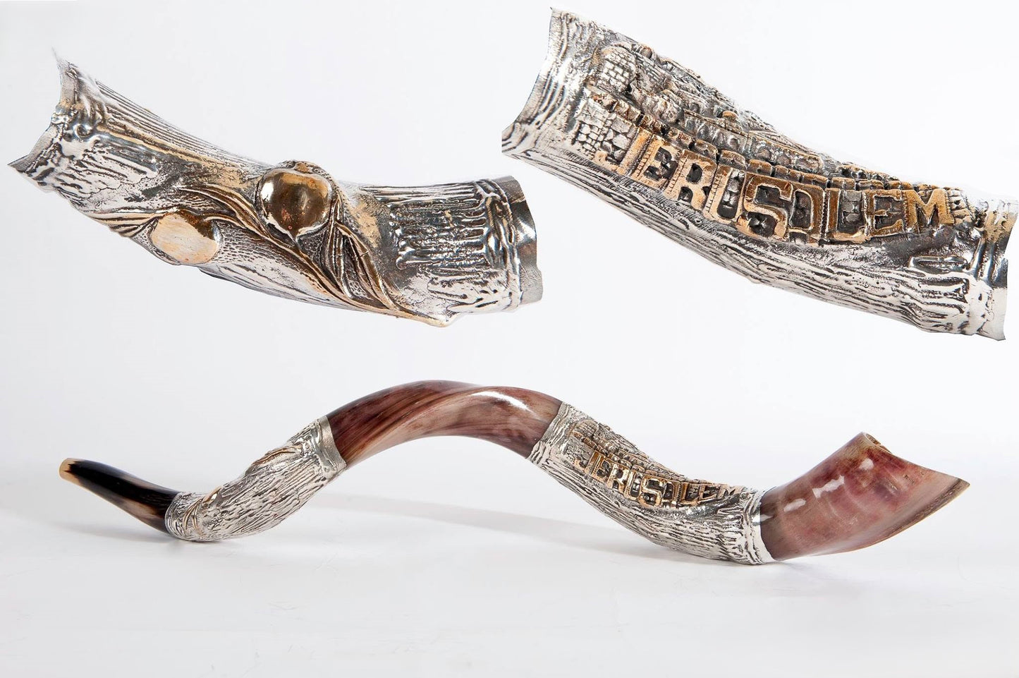 Yemenite Shofar 40" - 42" - Silver Plated Jerusalem City and Pomegranate Design
