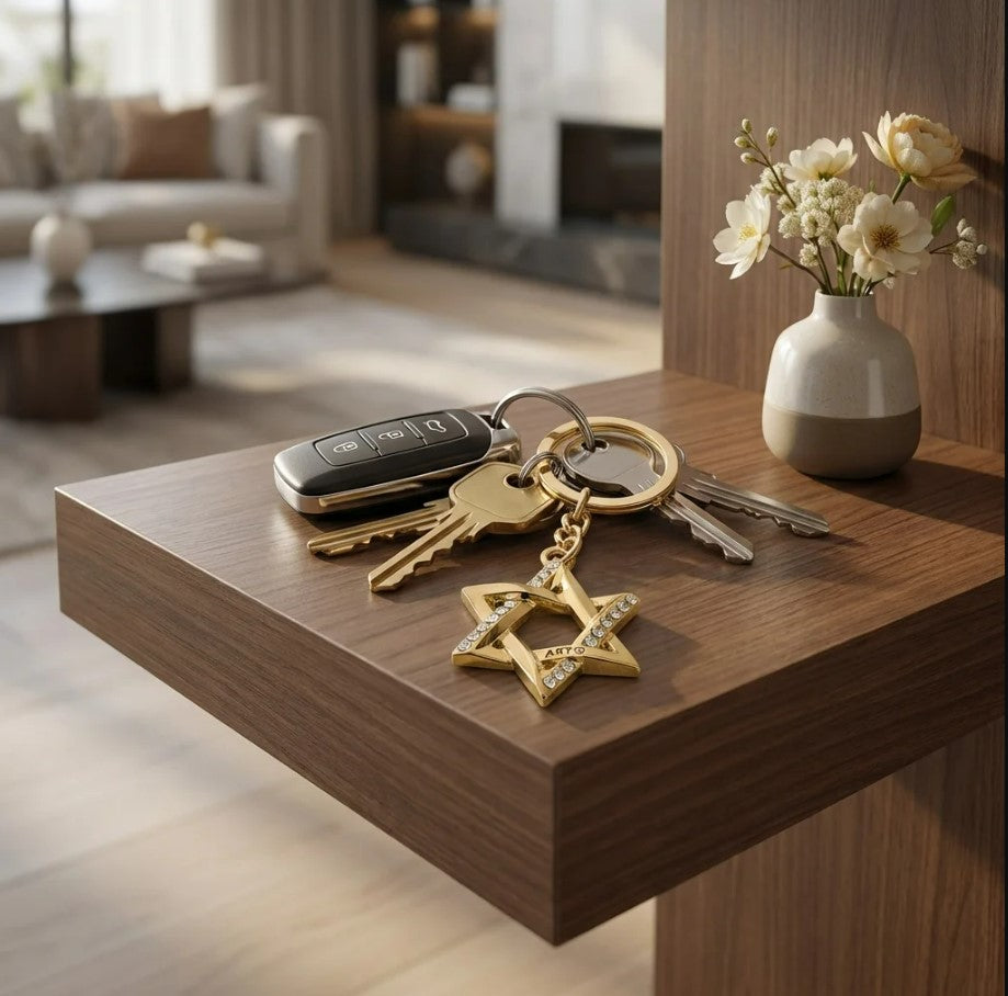 Star of David Keychain with Stone Inlay