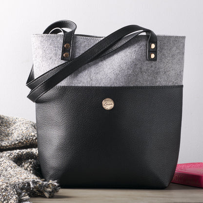 Love Never Fails Two-tone Black and Heather Gray Felt Fashion Bible Tote Bag - 1 Corinthians 13:8