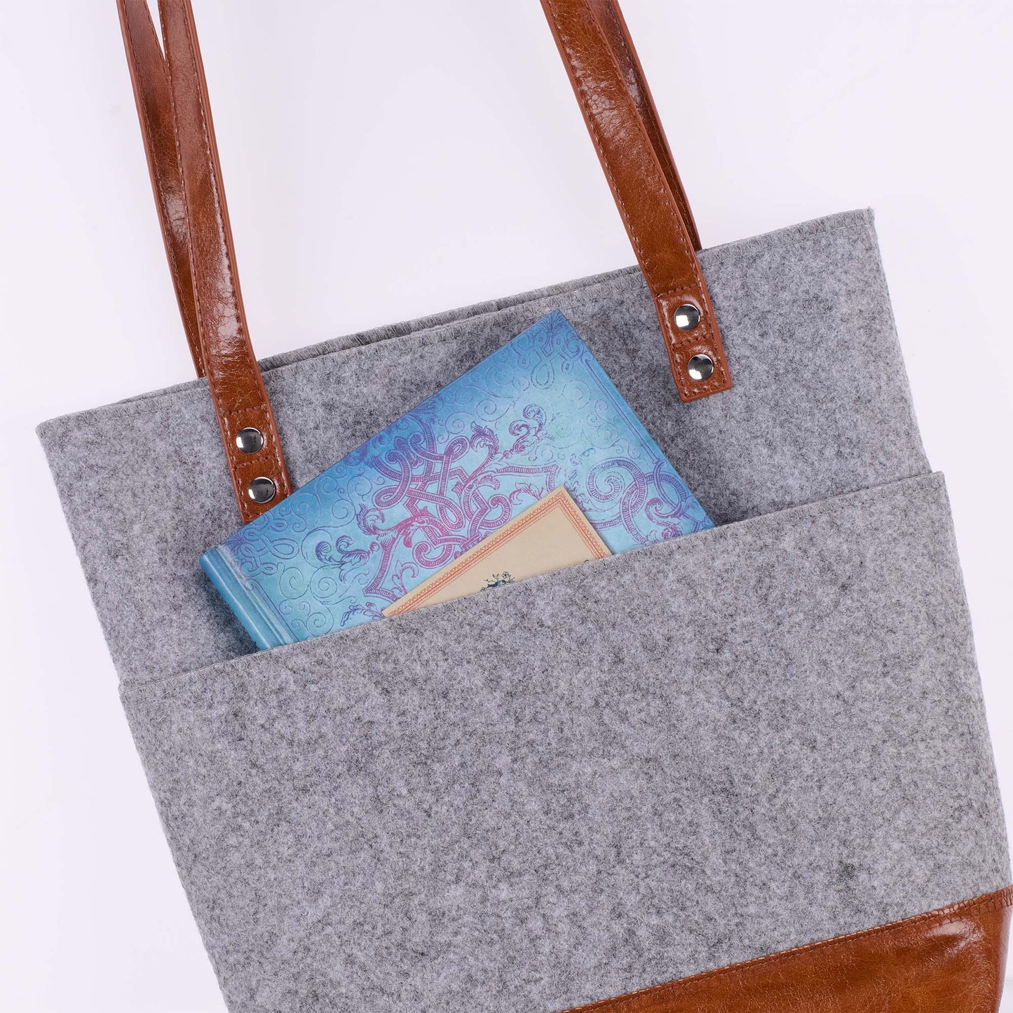 Silver Heart Heather Gray Felt and Toffee Brown Faux Leather Fashion Bible Tote Bag