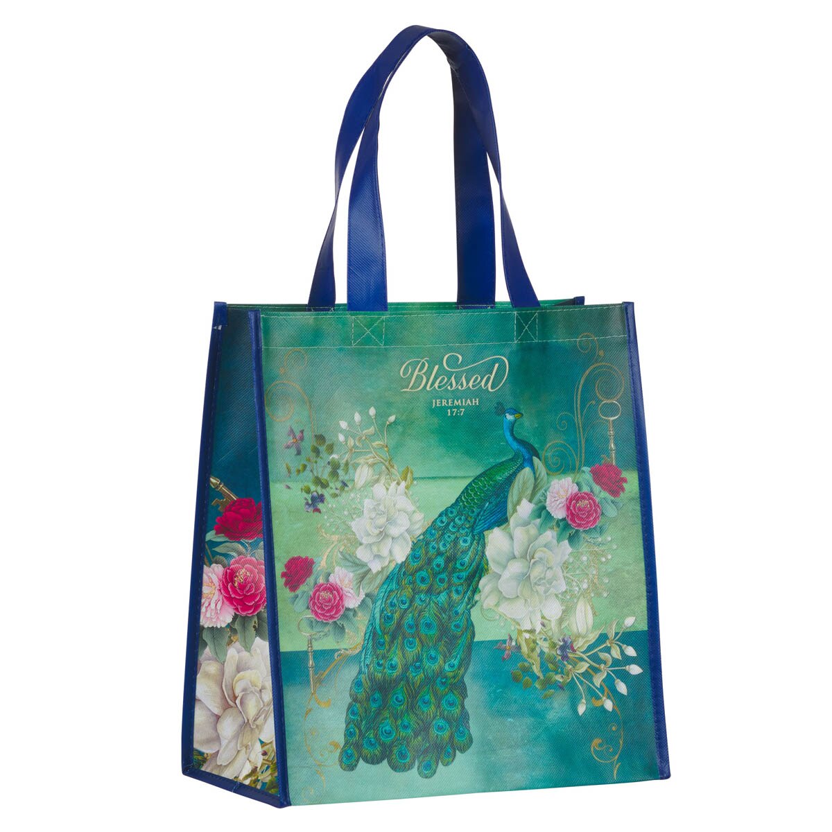 Blessed Blue Peacock Non-Woven Coated Tote Bag - Jeremiah 17:7