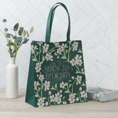 Strength and Dignity Green Floral Reusable Non-woven Shopping Tote Bag - Proverbs 31:25