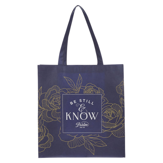 Be Still Navy Reusable Non-woven Shopping Tote Bag - Psalm 46:11