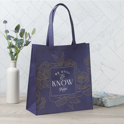 Be Still Navy Reusable Non-woven Shopping Tote Bag - Psalm 46:11
