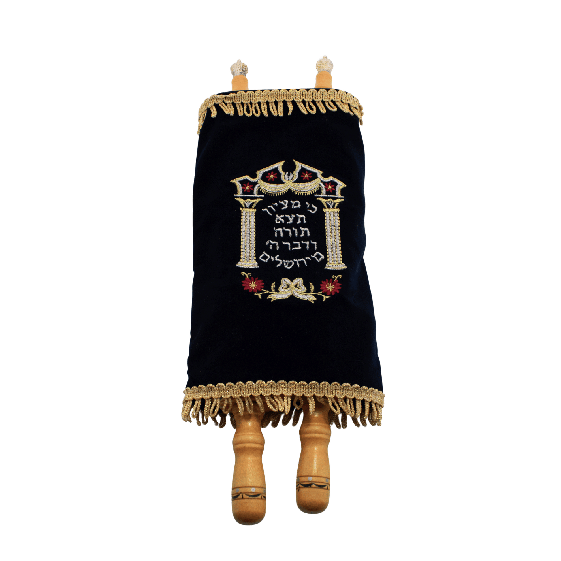 Large Torah scroll with an embroidered navy blue velvet cover