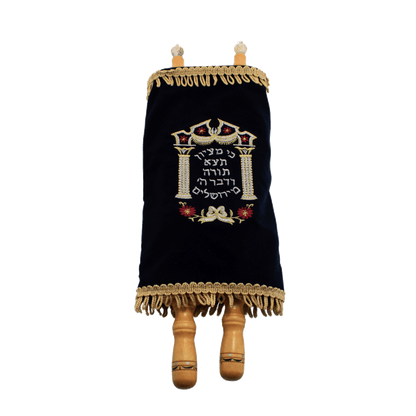 Large Torah scroll with an embroidered navy blue velvet cover