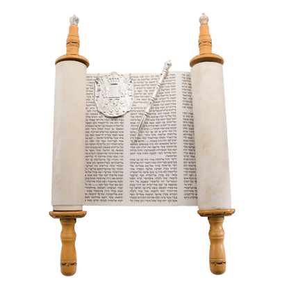 Large Torah scroll with an embroidered navy blue velvet cover