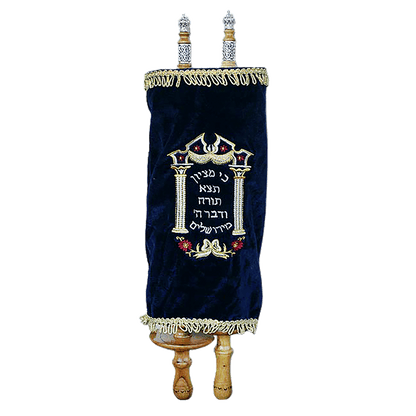 Extra Large Decorated Torah Scroll with navy blue velvet cover Breastplate