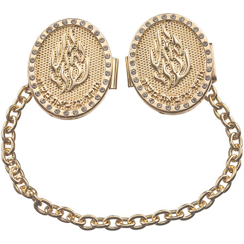 Gold-tone oval tallit clips with decorative Hebrew design and chain