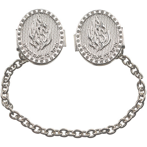 silver-tone oval tallit clips with decorative Hebrew design and chain