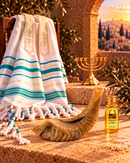 Shofar Gift Set with Prayer Shawl, Anointing Oil & Menorah
