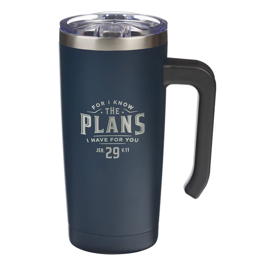 Navy blue stainless steel travel mug with handle and 'For I Know The Plans I Have For You' text in silver print