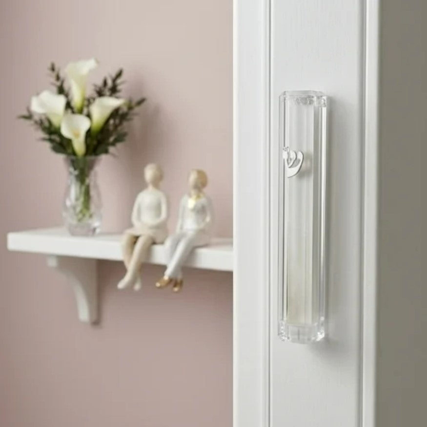 Transparent Plastic Mezuzah with Silver Shin