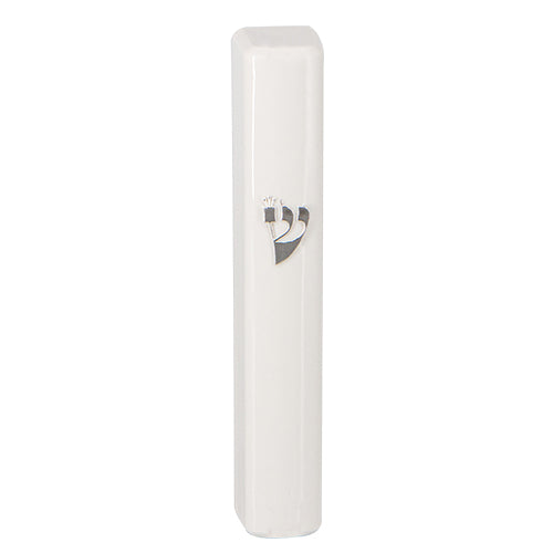 White plastic mezuzah case with silver Shin emblem, 12 cm