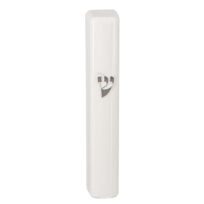 White plastic mezuzah case with silver Shin emblem, 12 cm