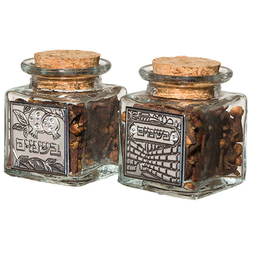 Glass Besamim Spice Holder with Metal Plaque