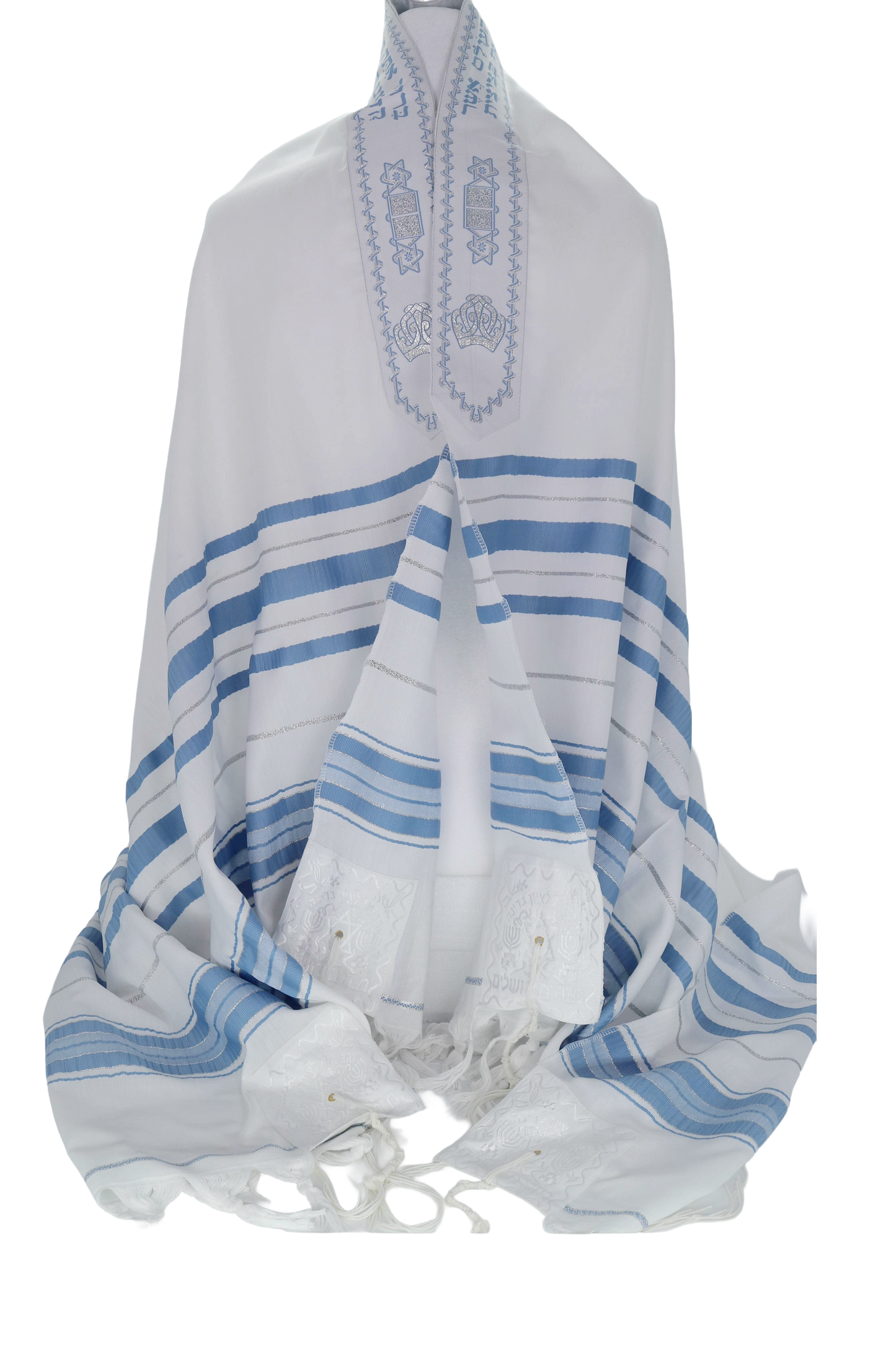White prayer shawl with blue and sliver stripes 
