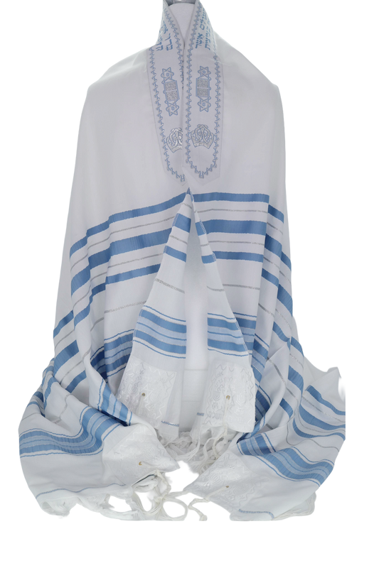 White prayer shawl with blue and sliver stripes 