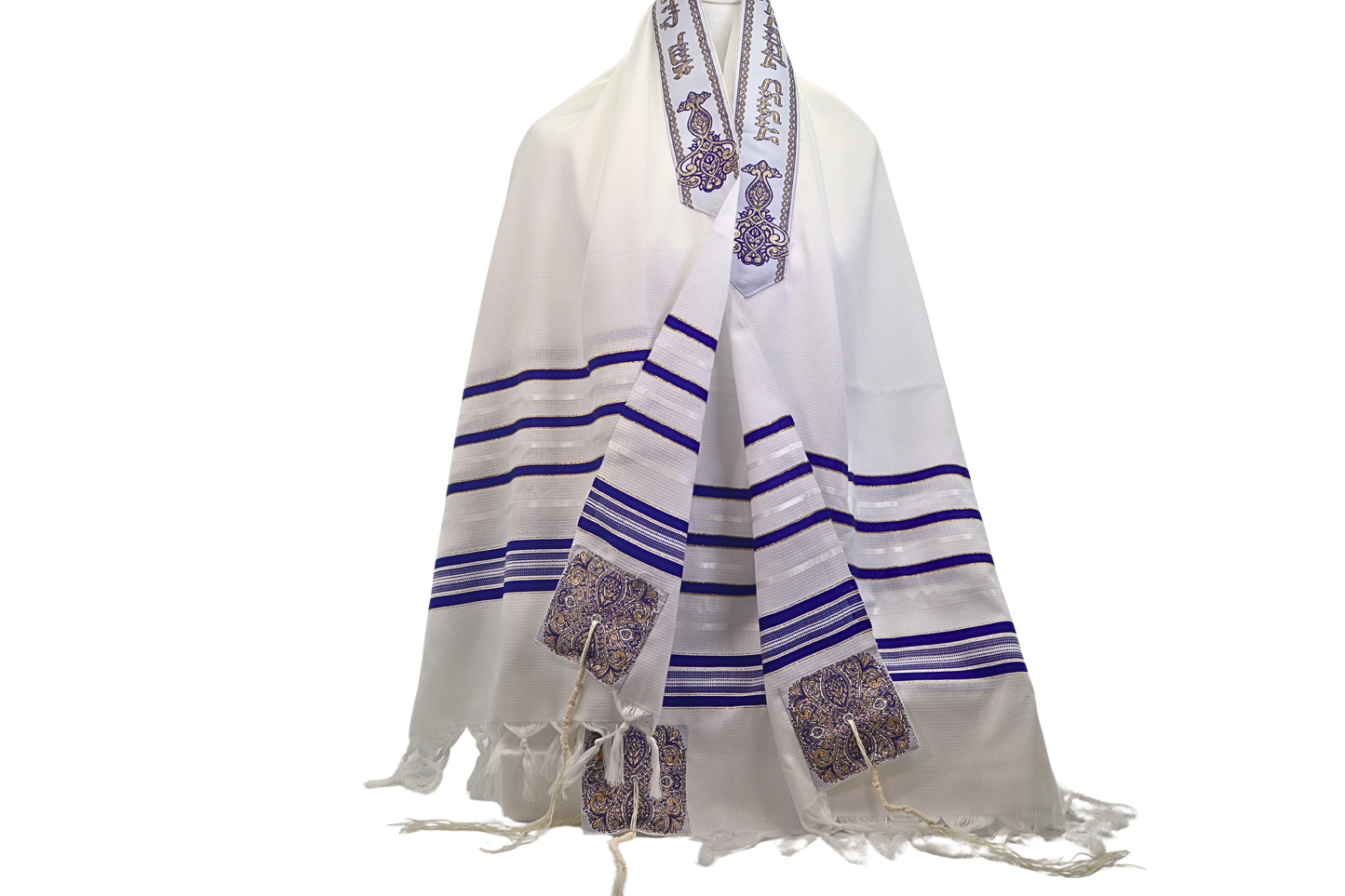 White prayer shawl with blue stripes and fringe 