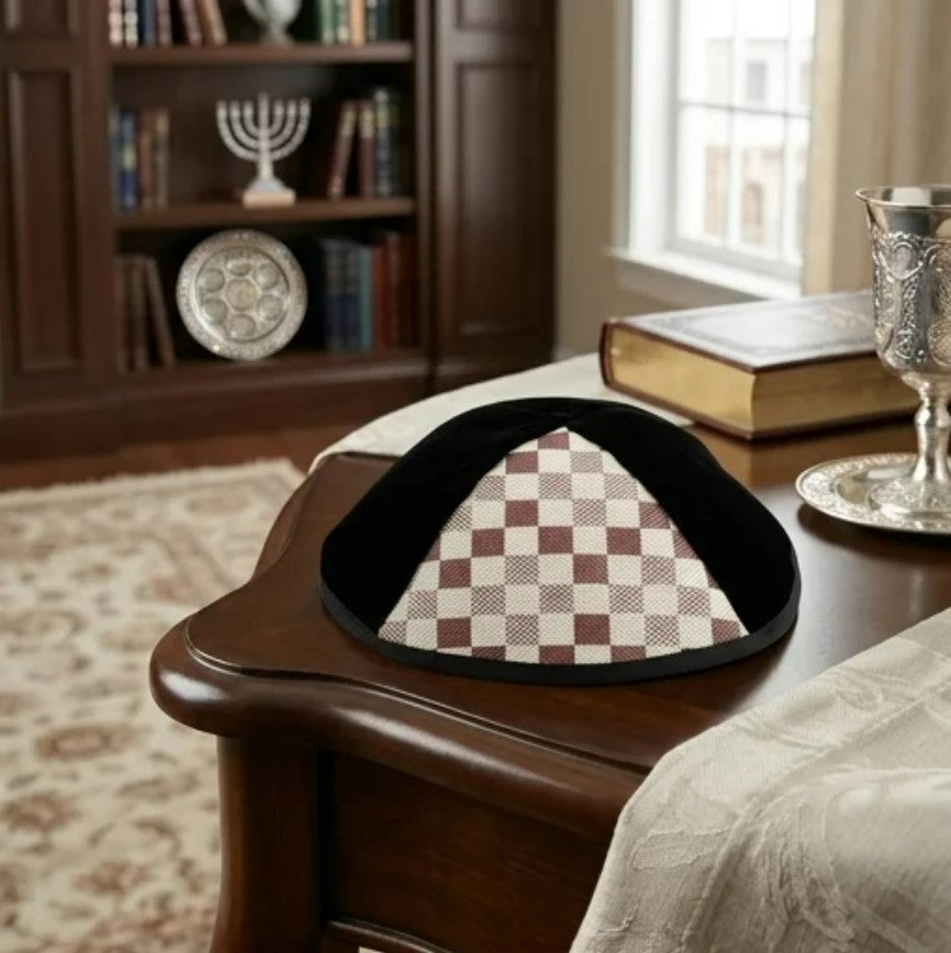 Black Velvet Kippah with Brown Checkered Panel