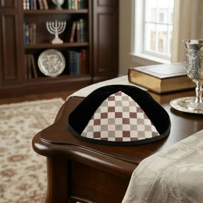 Black Velvet Kippah with Brown Checkered Panel
