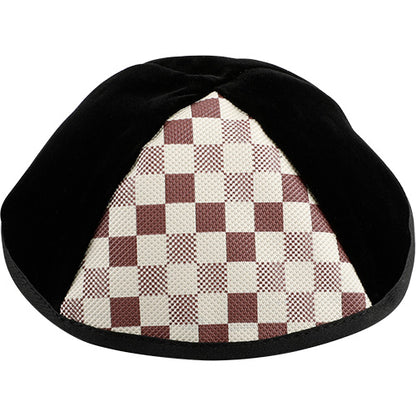 Black Velvet Kippah with Brown Checkered Panel