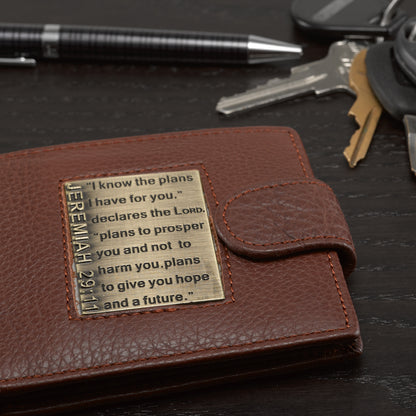 I Know the Plans Timber Spice Brown Genuine Leather Wallet with Brass Inlay - Jeremiah 29:11