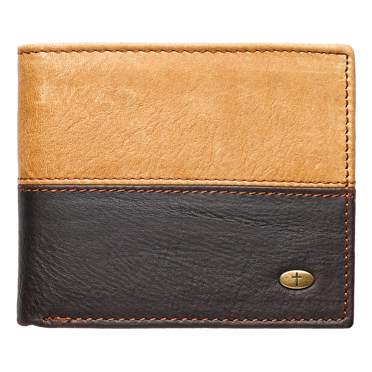 Two-tone Dark Brown and Camel Tan Leather Wallet with Cross Badge