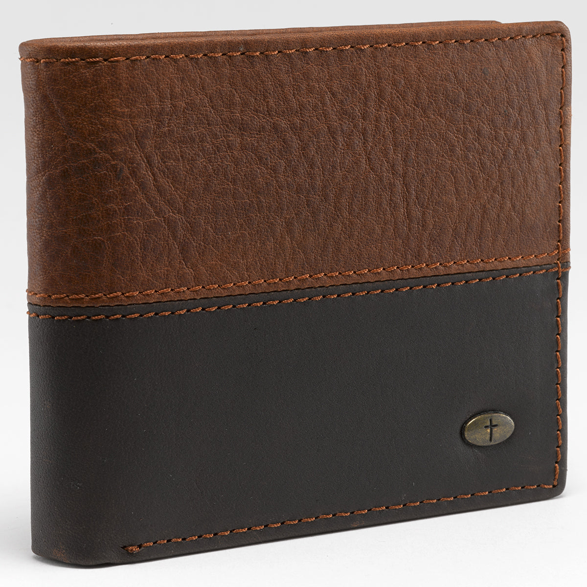 Two-tone Dark Brown and Camel Tan Leather Wallet with Cross Badge