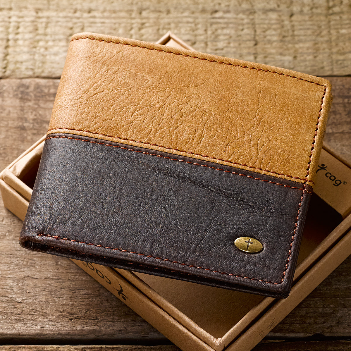 Two-tone Dark Brown and Camel Tan Leather Wallet with Cross Badge