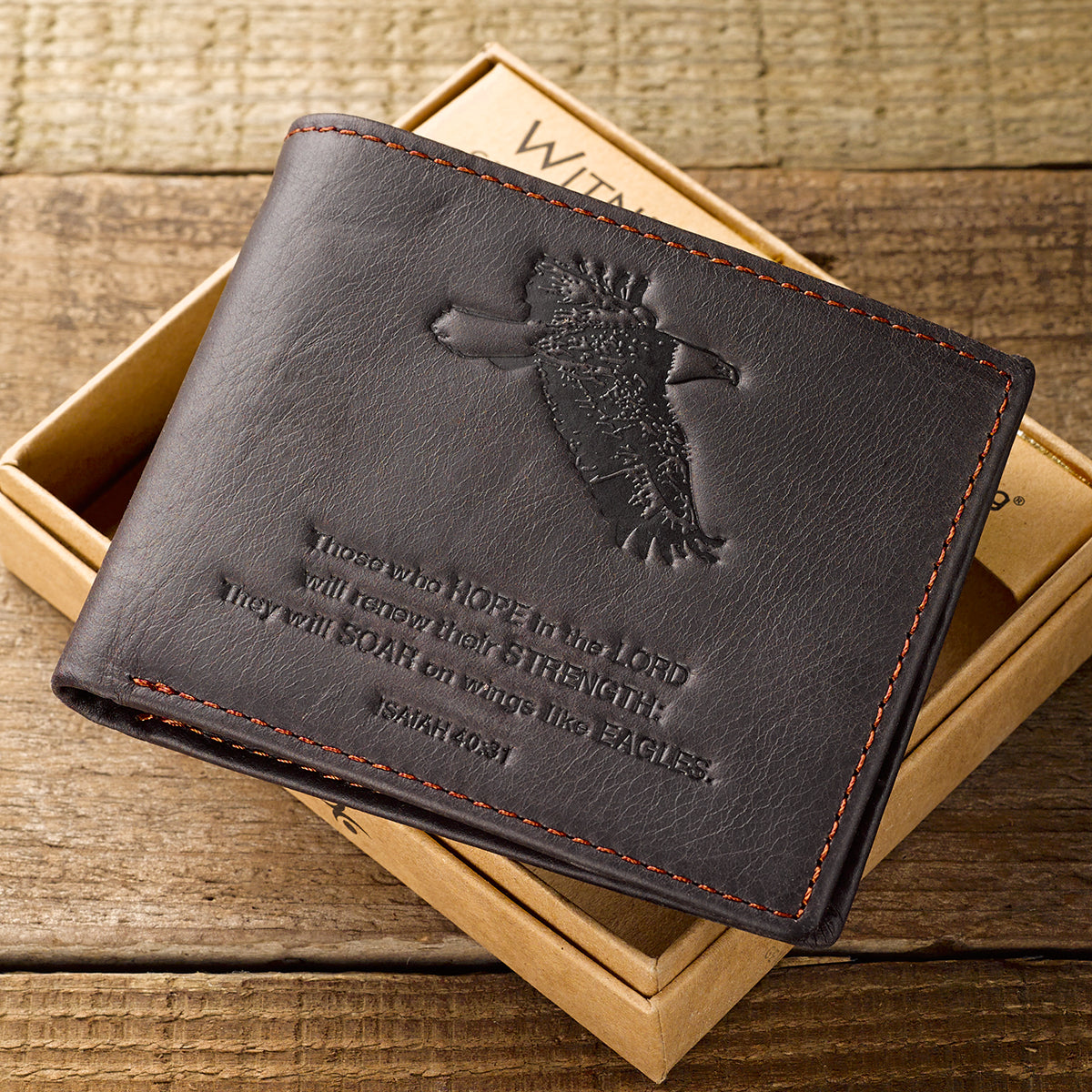Wings Like Eagles Dark Brown Genuine Leather Wallet - Isaiah 40:31