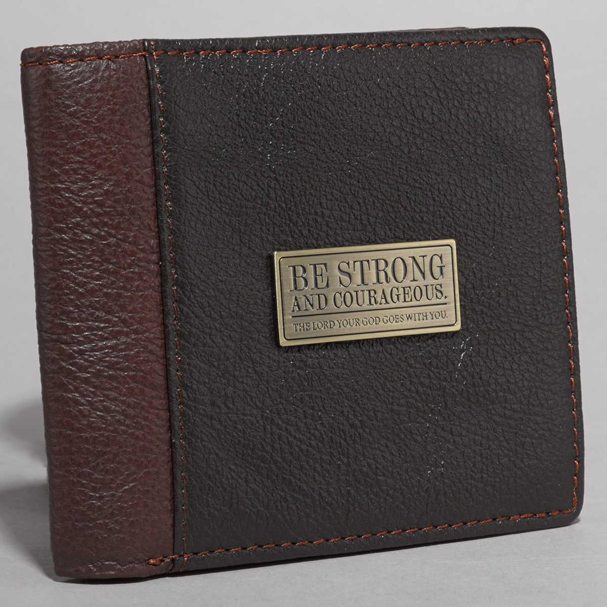 Strong and Courageous Two-tone Brown Full Grain Leather Wallet - Joshua 1:9