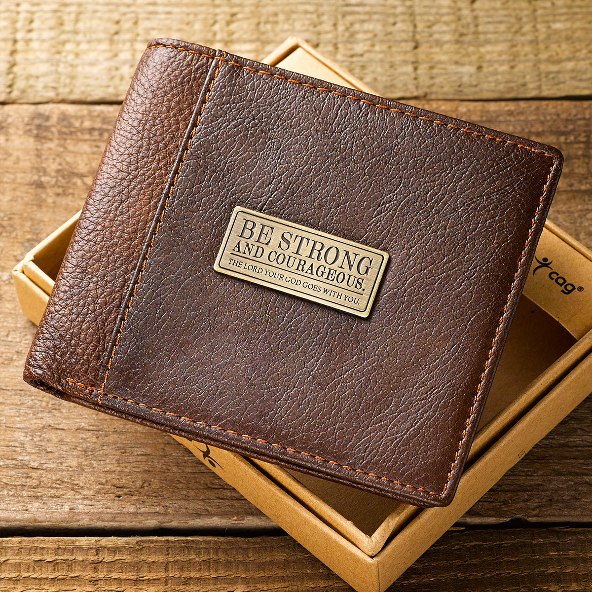 Strong and Courageous Two-tone Brown Full Grain Leather Wallet - Joshua 1:9